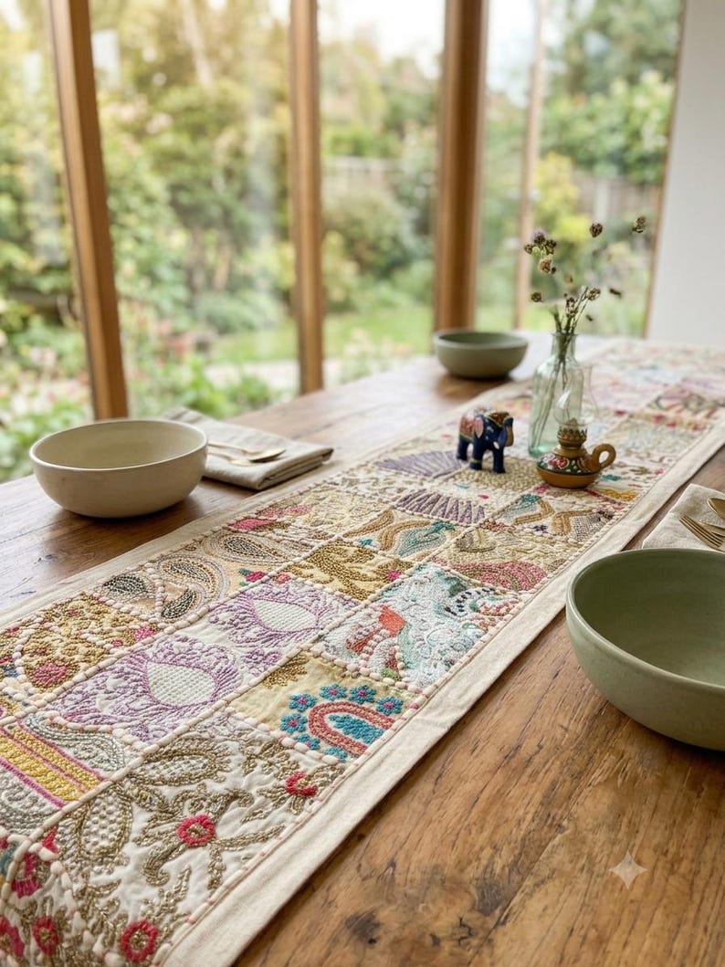 May include: A rectangular table runner featuring a patchwork design of embroidered fabric squares in various colours including gold, pink, blue, and white. The embroidery includes floral and paisley patterns with raised textures and decorative stitching.