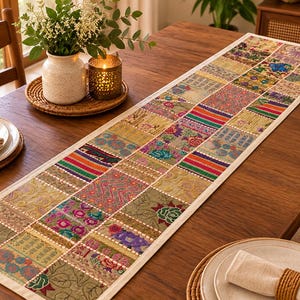 60x15 Patchwork Table Runner | Vintage Sari Fabric | Bohemian Dining Room Decor | Indian Textiles