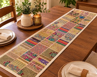 60x15 Patchwork Table Runner | Vintage Sari Fabric | Bohemian Dining Room Decor | Indian Textiles