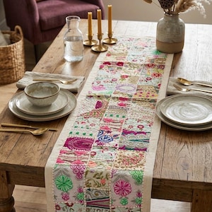 Indian Patchwork Table Runner, Handmade Embroidered Table Linen, Boho Farmhouse Decor, 60x15 Inches