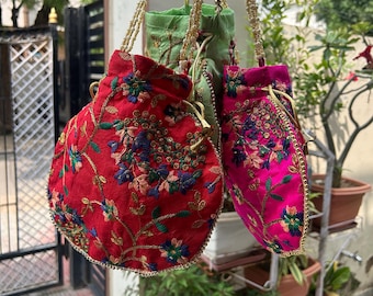 Embroidered Potli Bag: Indian Wedding Clutch with Beaded Handle