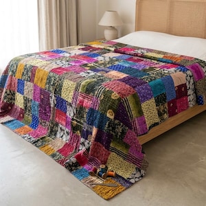 King Size Kantha Quilt Handmade Patchwork Boho Cotton Bedspread