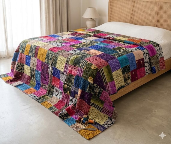 King Size Kantha Quilt Handmade Patchwork Boho Cotton Bedspread