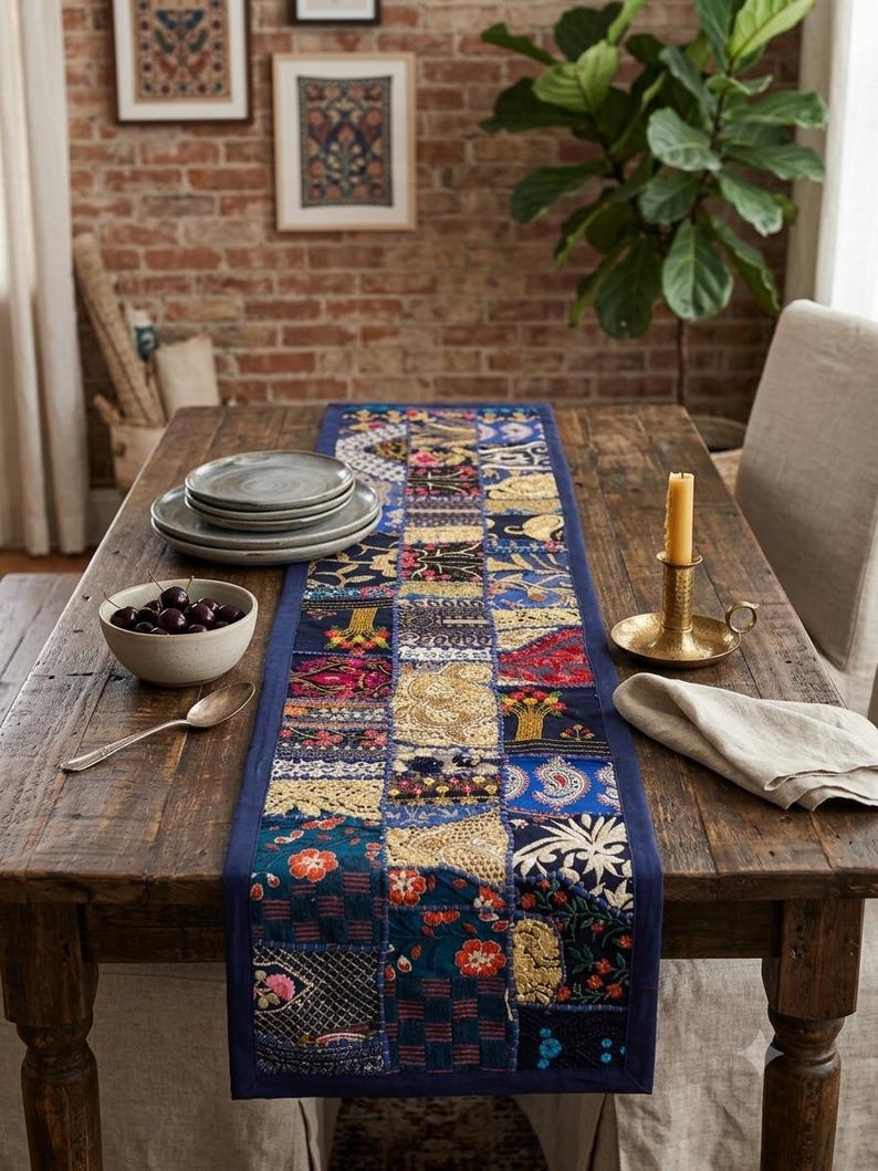 Peut inclure: Un chemin de table rectangulaire compos&eacute; d'un assemblage de carr&eacute;s de tissu bleus, dor&eacute;s et rouges avec des broderies complexes, des d&eacute;tails en fil m&eacute;tallique et des motifs floraux, centr&eacute; sur une table &agrave; manger en bois avec une bordure bleue.