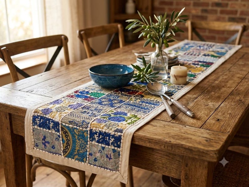 May include: A rectangular table runner featuring a patchwork design of embroidered fabric squares in shades of blue, green, and gold. The runner has a cream-coloured border and is decorated with intricate floral and geometric patterns throughout.