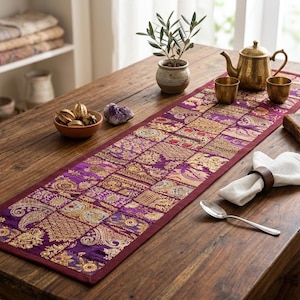 Patchwork Gestickter Tischläufer, Boho Mischgewebe Esszimmer Dekor