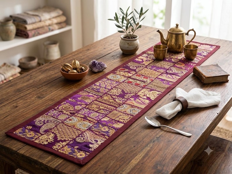 Broderad bordslöpare med lapptäcke, bohemisk matdekoration i blandat tyg Brun