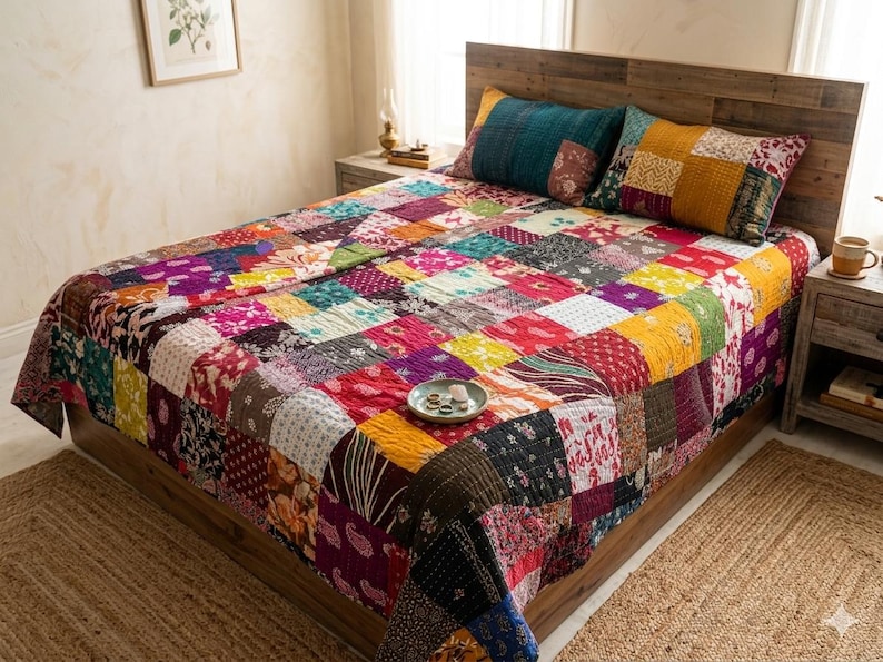 Puede incluir: Una colcha de patchwork que presenta una variedad de cuadrados de tela coloridos con diversos patrones florales, de cachemira y geom&eacute;tricos en tonos rojos, amarillos, morados, azules y verdes, cubriendo una cama con dos almohadas rectangulares a juego.