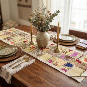 Handmade Indian Patchwork Table Runner, Vintage Sari Table Decor, Embroidered Boho Accent