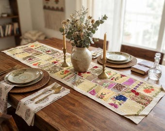 Handgjord indisk lapptäckslöpare, vintage sari bordsdekor, broderad boho accent