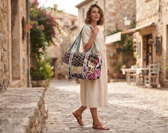 Handgefertigte Patchwork-Reisetasche, indische Kantha-Stepptasche für Wochenendtrips, Boho-Reisetasche für Übernachtungen (45,7 x 22,9 x 22,9 cm)