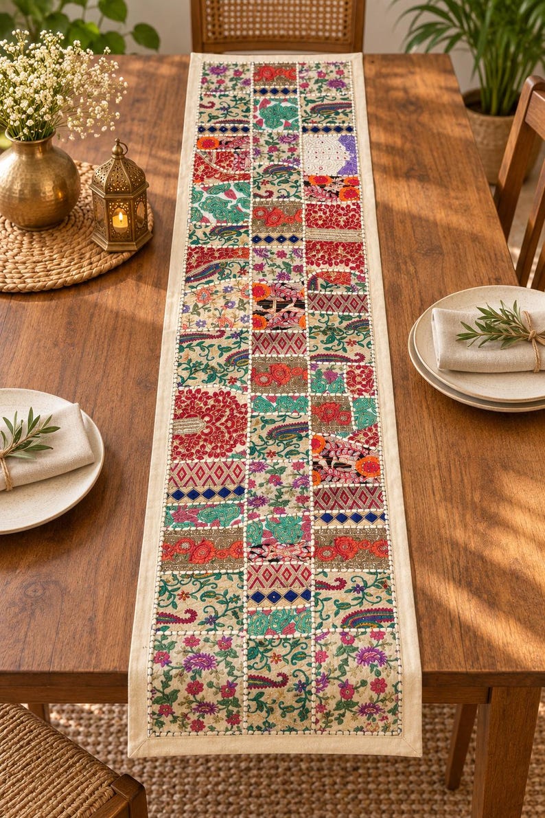 May include: A rectangular table runner featuring a patchwork design of embroidered fabric squares in vibrant colors including red, green, pink, and gold. The runner has a cream-colored border and is decorated with floral patterns and small mirrors.