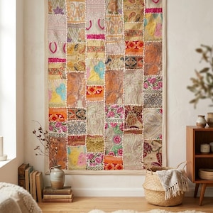 Handmade Indian Sari Patchwork Wall Tapestry | Embroidered Boho Ethnic Home Decor | 36x24 inches