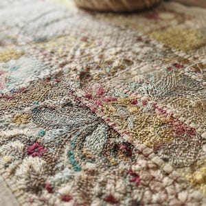 May include: A rectangular fabric runner featuring an intricate patchwork of embroidered squares. The embroidery displays a variety of floral and geometric motifs in shades of gold, pink, teal, and cream, stitched onto a light beige linen base.