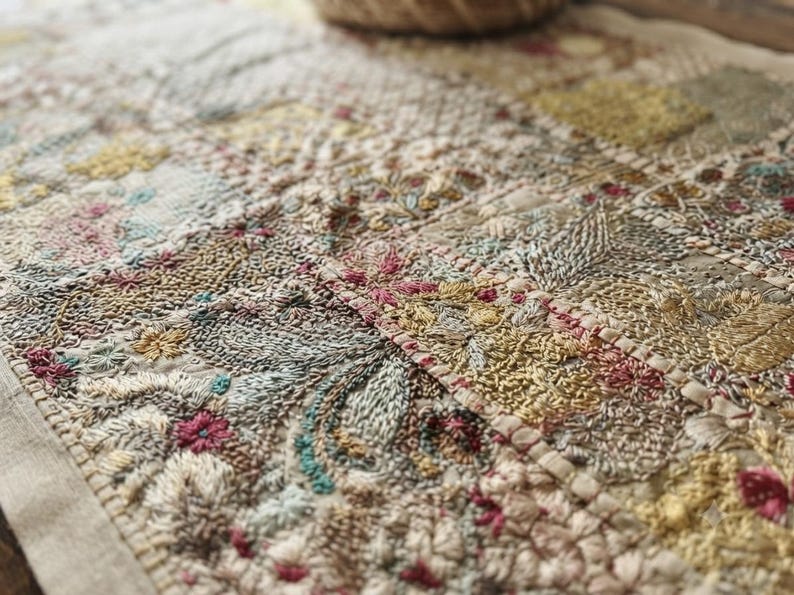 May include: A rectangular fabric runner featuring an intricate patchwork of embroidered squares. The embroidery displays a variety of floral and geometric motifs in shades of gold, pink, teal, and cream, stitched onto a light beige linen base.