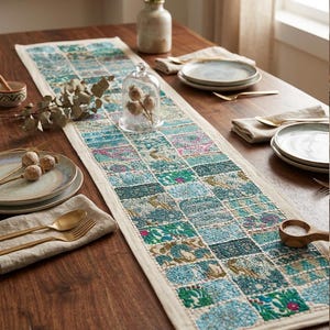 Camino de mesa bordado hecho a mano con retazos, decoración de comedor bohemia, mantel rústico de granja.