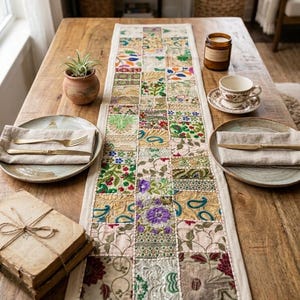 Peut inclure: Un chemin de table rectangulaire compos&eacute; d'un assemblage de carr&eacute;s de tissu brod&eacute;s aux motifs vari&eacute;s dans des tons de violet, vert, rouge, or et bleu. Il pr&eacute;sente une bordure couleur cr&egrave;me et est dispos&eacute; au centre d'une table en bois.