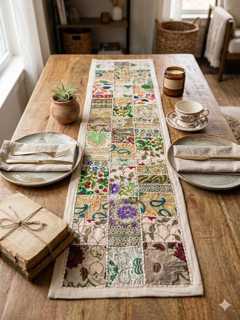 Peut inclure: Un chemin de table rectangulaire compos&eacute; d'un assemblage de carr&eacute;s de tissu brod&eacute;s aux motifs vari&eacute;s dans des tons de violet, vert, rouge, or et bleu. Il pr&eacute;sente une bordure couleur cr&egrave;me et est dispos&eacute; au centre d'une table en bois.