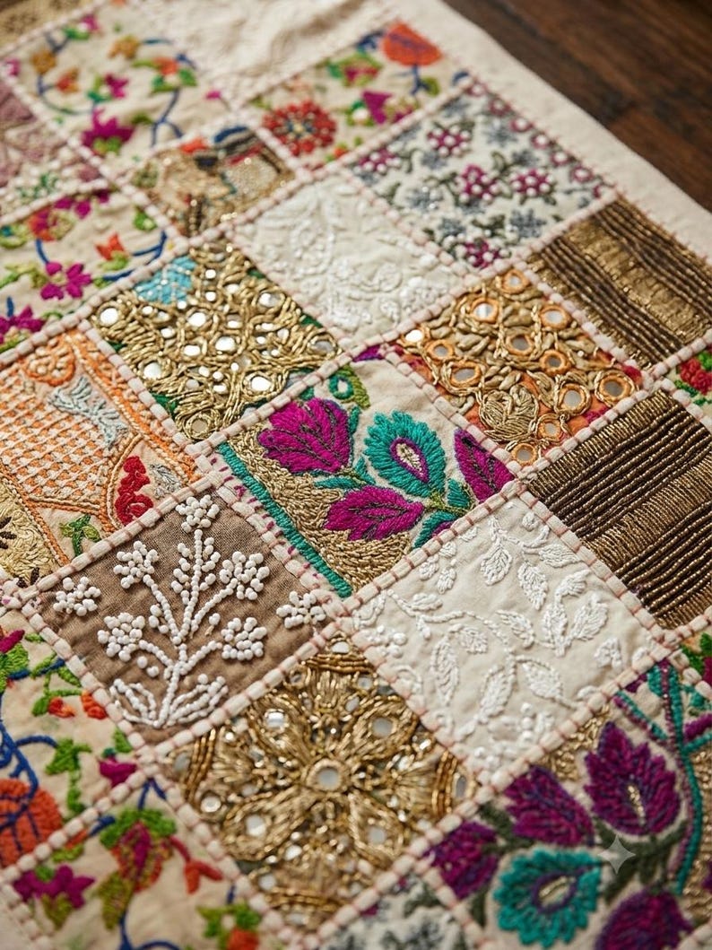 May include: A textile wall hanging featuring a patchwork design of square panels. Each square displays intricate embroidery, metallic gold thread work, small reflective mirrors, and white beadwork in floral and geometric patterns on fabric.