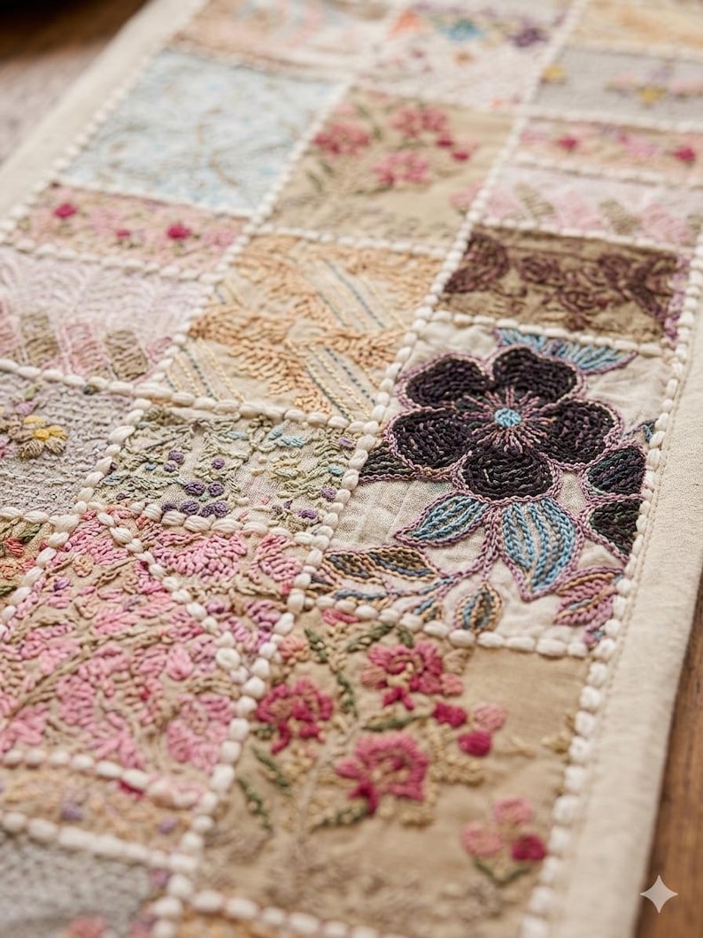 Broderad bordslöpare med lapptäcke, bohemisk matdekoration i blandat tyg bild 7