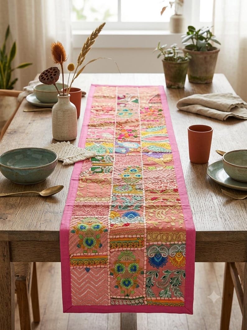 Pode incluir: Um caminho de mesa retangular com um design de patchwork de quadrados de tecido rosa. Cada quadrado &eacute; decorado com bordados intrincados e multicoloridos, incluindo padr&otilde;es florais e geom&eacute;tricos, com uma borda rosa s&oacute;lida.