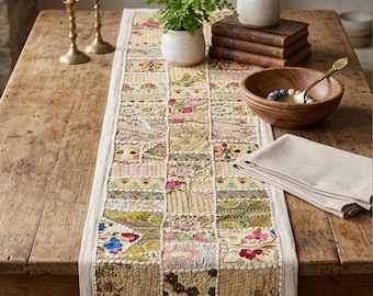 Bieżnik stołowy w stylu patchworkowym 60x15 | Tkanina w stylu vintage Sari | Dekoracja jadalni w stylu boho | Tekstylia indyjskie