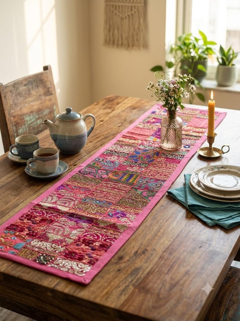 Broderad bordslöpare med lapptäcke, bohemisk matdekoration i blandat tyg Rosa