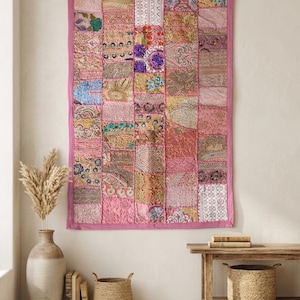 Indischer Handbestickter Sari Wandbehang, Patchwork (100 x 24 cm)