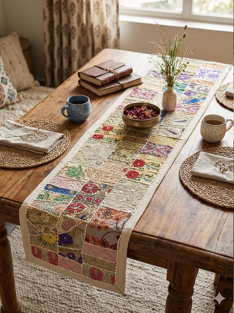 Peut inclure: Un chemin de table rectangulaire compos&eacute; d'un assemblage de carr&eacute;s de tissu brod&eacute;s aux motifs floraux et g&eacute;om&eacute;triques vari&eacute;s, d&eacute;clin&eacute;s dans des tons de rouge, jaune, vert, bleu et rose, le tout bord&eacute; d'une bande de tissu de couleur claire.