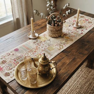 May include: A long rectangular table runner featuring a patchwork of embroidered floral and geometric patterns in cream, pink, and green. A brass teapot, three gold-rimmed glasses, two beeswax candles in holders, and a woven basket sit on the runner.