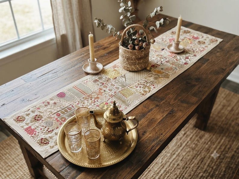 May include: A long rectangular table runner featuring a patchwork of embroidered floral and geometric patterns in cream, pink, and green. A brass teapot, three gold-rimmed glasses, two beeswax candles in holders, and a woven basket sit on the runner.