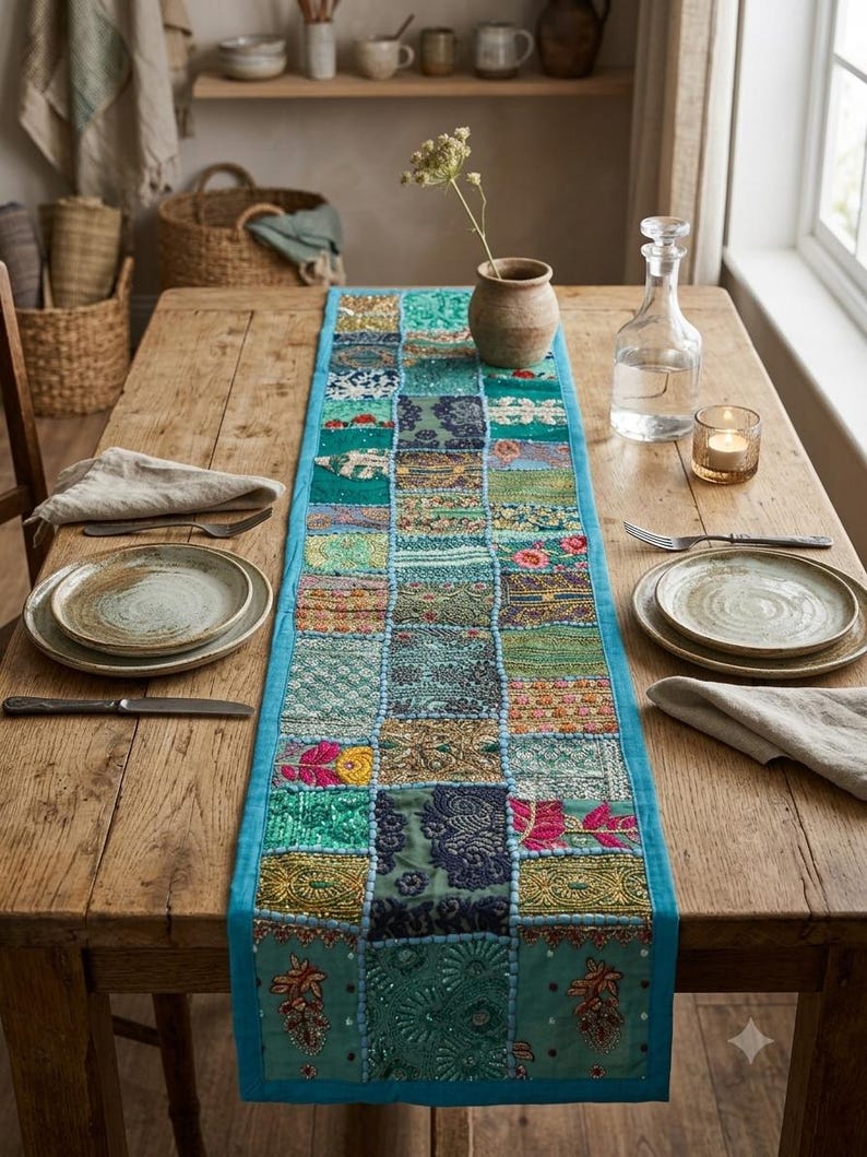 Pode incluir: Um caminho de mesa retangular com um design de patchwork de v&aacute;rios quadrados de tecido em tons de azul-turquesa, azul e dourado. Cada quadrado &eacute; decorado com bordados intrincados, lantejoulas e missangas. Possui uma borda lisa em turquesa.