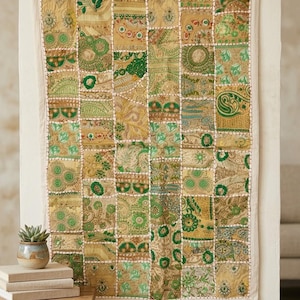 Handmade Sari Patchwork Tapestry, Embroidered Indian Textile Art