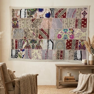 Handmade Sari Patchwork Tapestry – Colorful Indian Embroidered Wall Decor-(90 * 60) cm