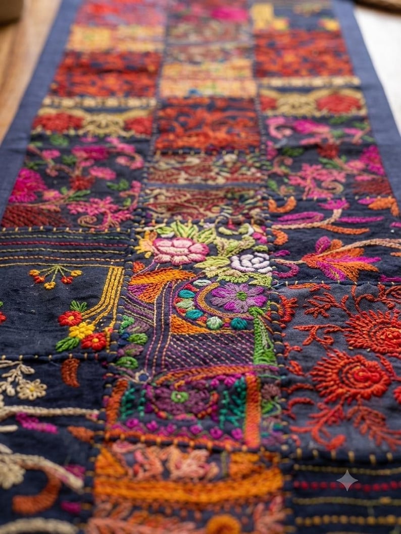 Pode incluir: Um caminho de mesa retangular com um design de retalhos de quadrados de tecido azul escuro. Cada quadrado &eacute; decorado com bordados florais e geom&eacute;tricos complexos e multicoloridos em tons de vermelho, laranja, rosa, roxo, verde e amarelo.