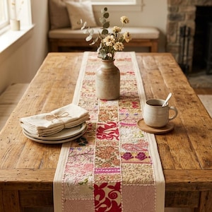 Handmade Patchwork Table Runner 60x15, Boho Embroidered Sari Decor, Colorful Indian Table Accent