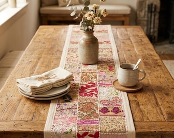 Handmade Patchwork Table Runner 60x15, Boho Embroidered Sari Decor, Colorful Indian Table Accent