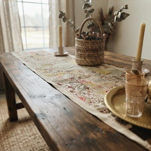 May include: A long rectangular table runner featuring a patchwork of intricate floral and geometric patterns in muted earth tones, cream, and soft red, laid across a dark brown wooden table with a woven basket, candles, and brass decor.