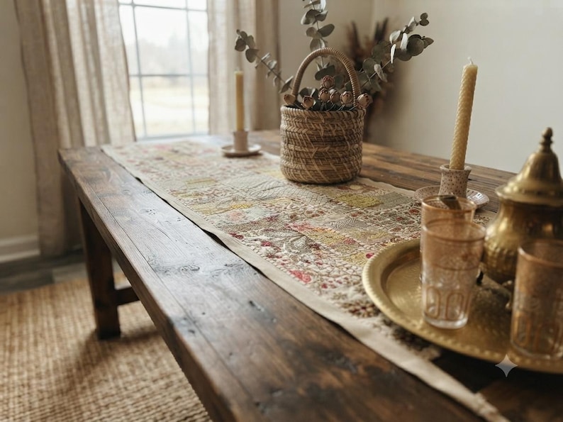May include: A long rectangular table runner featuring a patchwork of intricate floral and geometric patterns in muted earth tones, cream, and soft red, laid across a dark brown wooden table with a woven basket, candles, and brass decor.