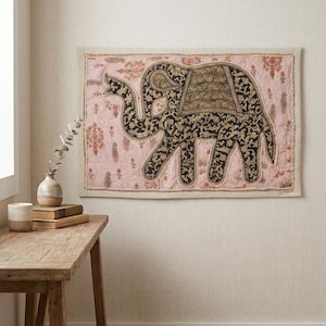 Wandtapijt Indische olifant, 90 x 60 cm, handgemaakt geborduurd patchworkdecor, boho Home Art