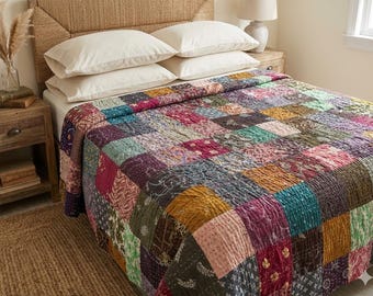 King Size Hand-Stitched Patchwork Quilt - 105x88" Boho Cotton Bedspread