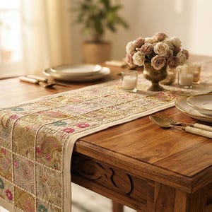 Handmade Patchwork Embroidered Table Runner, Boho Dining Decor, Rustic Farmhouse Table cover