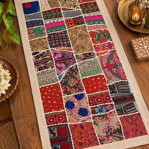 Embroidered Indian Patchwork Table Runner, Boho Textile Topper, 16x32 Inch