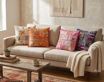 Indian Patchwork Cushion Cover, Handmade Embroidered Boho Decor