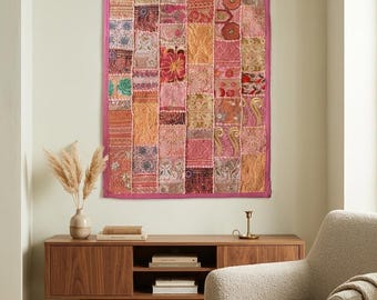 Handmade Indian Sari Patchwork Wall Tapestry | Embroidered Boho Ethnic Home Decor | 36x24 inches