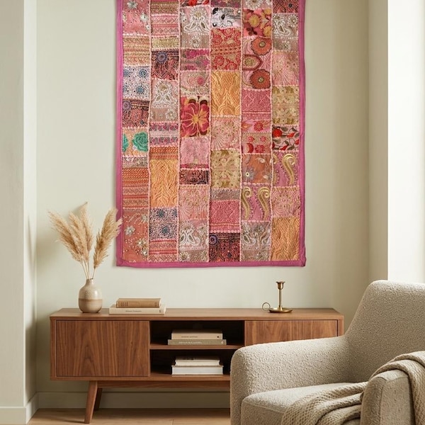 Handmade Indian Sari Patchwork Wall Tapestry | Embroidered Boho Ethnic Home Decor | 36x24 inches
