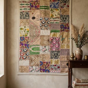 May include: A rectangular wall hanging featuring a patchwork design composed of various fabric squares. The textile displays a diverse array of intricate patterns, floral motifs, and geometric embroidery in vibrant colors including red, blue, green, and gold.