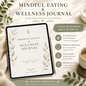 Può includere: Un diario digitale Mindful Eating & Wellness visualizzato su uno schermo di tablet con uno stilo. La copertina presenta illustrazioni botaniche, il titolo e il marchio BKindly. I dettagli includono 14 pagine, formati A4 e A5, e opzioni digitali o stampabili.