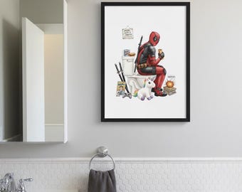 Deadpool Badezimmer Kunstdruck, lustige Anti Held Comic Illustration