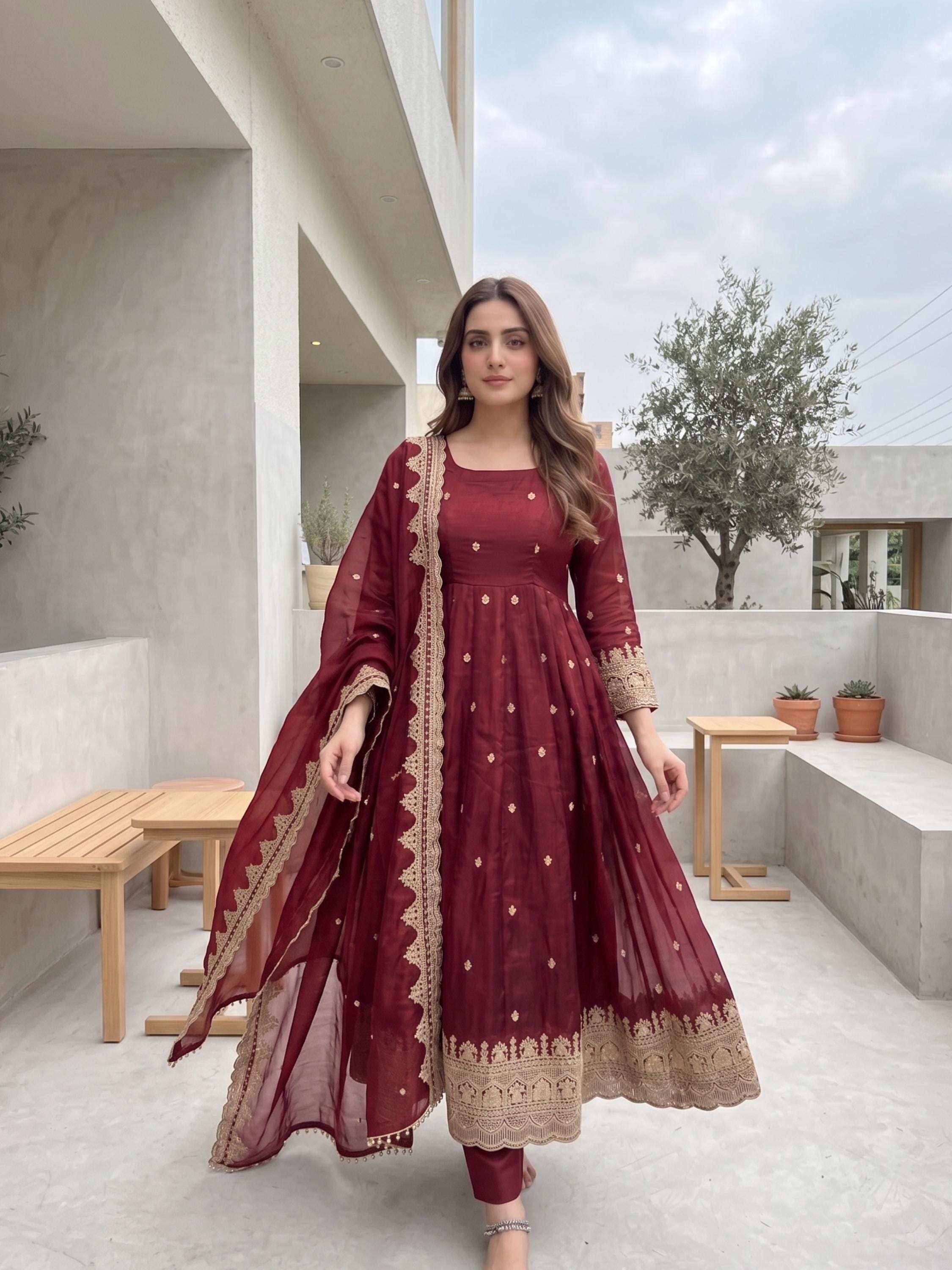 burgundy maxi slip dress Burgundy Gold Floral Indian/ Arabic Dress (US Sizes 12 main image 1